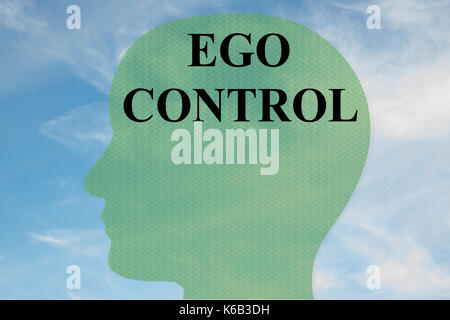 Render Abbildung: 'EGO CONTROL" Titel auf dem Kopf silhouette, mit bewölktem Himmel als Hintergrund. Stockfoto