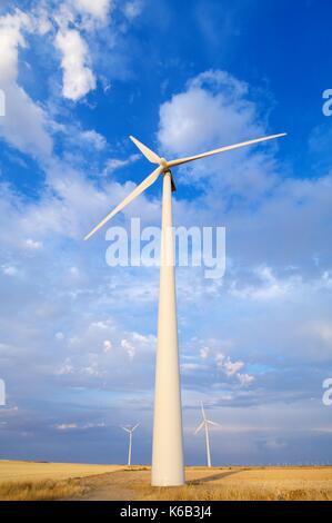 Windmühlen Gruppe mit bewölktem Himmel bei Sonnenuntergang in Gurrea de Gallego, Huesca, Aragón, Spanien Stockfoto