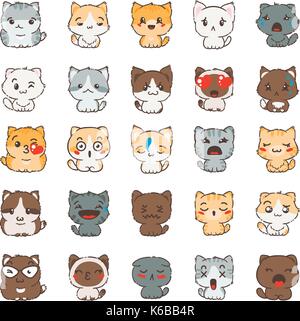 Cute Cartoon, Katzen und Hunde mit unterschiedlichen Emotionen. Aufkleber Sammlung. Vektor einrichten von Doodle Emoji und Emoticons. Stock Vektor