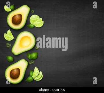 Vektor Draufsicht Hintergrund mit realistischen Scheiben reife Avocado hellgrünen Blätter und Oliven. Guacamole Zutaten auf schwarzem Hintergrund. Essen banner Stock Vektor