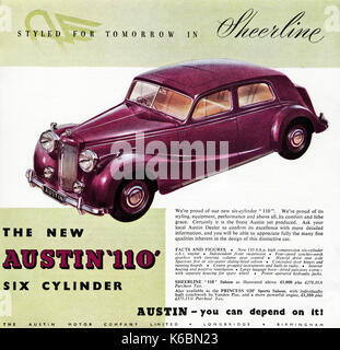 1940er Jahre alten Vintage original advert Werbung Die neue Austin 110 Sechs Zylinder in Magazin ca. 1947 wenn Verbrauchsmaterialien wurden noch unter post eingeschränkt - Krieg Rationierung Stockfoto
