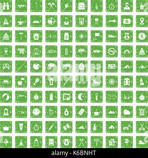 100 Family Camping Icons Set grunge Grün Stock Vektor