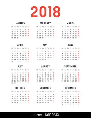2018 minimalistische Kalender, auf weißem Hintergrund. Vector template-Wochen beginnen am Montag Stock Vektor