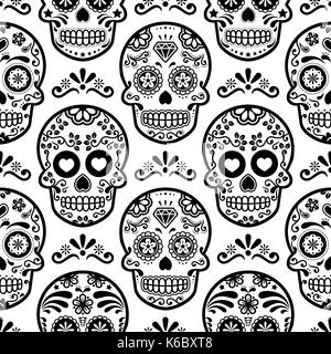 Mexikanische Sugar Skull Vektor nahtlose Muster, Halloween Candy Hintergrund Schädel, Tag der Toten Stock Vektor