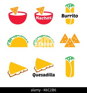 Mexikanisches Essen Vektor Icon Set Tacos, Nachos, Burrito, Quesadilla Stock Vektor