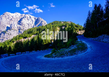 Landschaft mit Wiesen, Bäumen und Rocky Montains im Triglav National Park und der Straße bis zur vršičpass Stockfoto