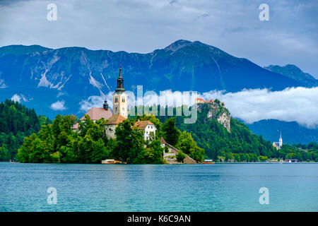 Bleder Insel, blejski otok, mit der Wallfahrtskirche zu Maria Himmelfahrt über See gesehen dedizierte Bled, Blejsko Jezero Stockfoto