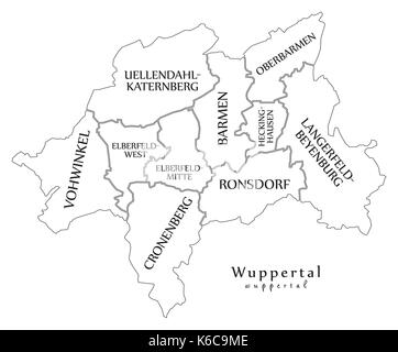 Moderne Stadtplan - Wuppertal Stadt Deutschlands mit Bezirken und Titel DE Übersichtskarte Stock Vektor