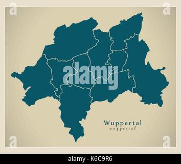 Moderne Stadtplan - Wuppertal Stadt Deutschlands mit Gemeinden DE Stock Vektor