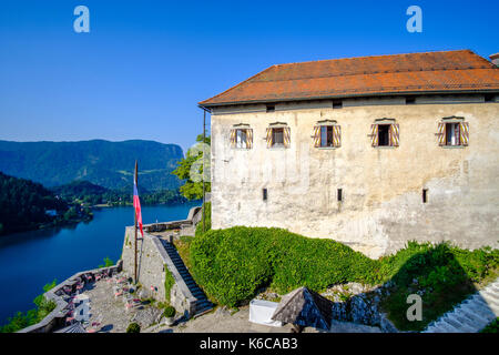 Gebäude in Burg von Bled, blejski Grad, befindet sich auf einem Felsvorsprung hoch über der See von Bled, Blejsko Jezero Stockfoto