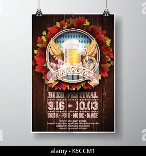 Oktoberfest poster Vector Illustration mit frischen Lagerbier auf Holz Textur Hintergrund. Feier flyer Vorlage für traditionelle deutsche Bier Festival. Stock Vektor