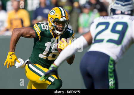 Green Bay, WI, USA. 10 Sep, 2017. Green Bay Packers wide receiver Randall Cobb #18 in Aktion nach dem Fang während der NFL Football Spiel der Seattle Seahawks und die Green Bay Packers im Lambeau Field in Green Bay, WI. Green Bay besiegt Seattle 17-9. John Fisher/CSM/Alamy leben Nachrichten Stockfoto