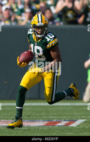 Green Bay, WI, USA. 10 Sep, 2017. Green Bay Packers wide receiver Randall Cobb #18 in Aktion nach dem Fang während der NFL Football Spiel der Seattle Seahawks und die Green Bay Packers im Lambeau Field in Green Bay, WI. Green Bay besiegt Seattle 17-9. John Fisher/CSM/Alamy leben Nachrichten Stockfoto