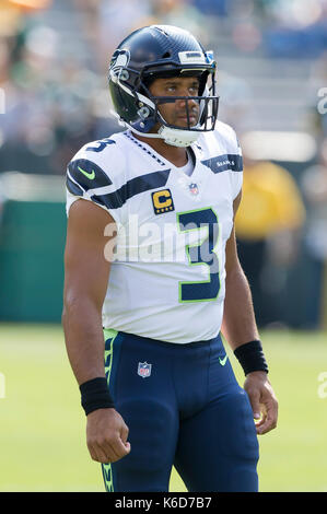 Green Bay, WI, USA. 10 Sep, 2017. Seattle Seahawks Quarterback Russell Wilson #3 vor der NFL Football Spiel der Seattle Seahawks und die Green Bay Packers im Lambeau Field in Green Bay, WI. Green Bay besiegt Seattle 17-9. John Fisher/CSM/Alamy leben Nachrichten Stockfoto