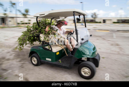 Wellington, Florida, USA. 12 Sep, 2017. Wellington High School principal Mario Crocetti entfernt ein beschädigter Baum auf dem Parkplatz der Schule in Wellington, Florida am 12. September 2017. Crocetti, der im Februar nächsten Jahres nach 35 Jahren in der Schule zieht sich Hoffnungen, das ist Seine letzte Rodeo mit Sturm aufräumen. Wellington High School erhielten wenig Schäden vom Hurrikan Irma. Crocetti sagte drei Fliesen an der Decke waren Wasser- und Zweige erforderlich, gereinigt werden. Crocetti hoffte, alle seine Lehrer, die vom Staat zurück bis Montag evakuiert werden konnten. (Bild: © Allen Eyesto Stockfoto