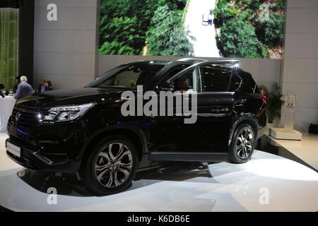 Frankfurt am Main, Deutschland. 12. September 2017. Die ssangyong rexton ist auf der Pressekonferenz vorgestellt. koreanischen Autohersteller ssangyong Motor Company die Neue ssangyong Rexton suv auf einer Pressekonferenz auf der Internationalen Automobil 2017 präsentiert-Ausstellung (IAA) in Frankfurt am Main. Stockfoto