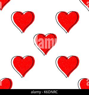 Es in allen ihren Designs verwenden. Zeichnung nahtlose Muster mit roten Herzen Schild mit schwarzer Linie Kontur. Schnelle und einfache recolorable Form. Vektor illu Stock Vektor