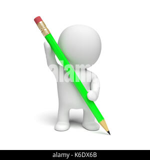 Weiße 3d-Person, die einen großen, grünen Bleistift (3D-Abbildung auf einem weißen Hintergrund isoliert) Stockfoto
