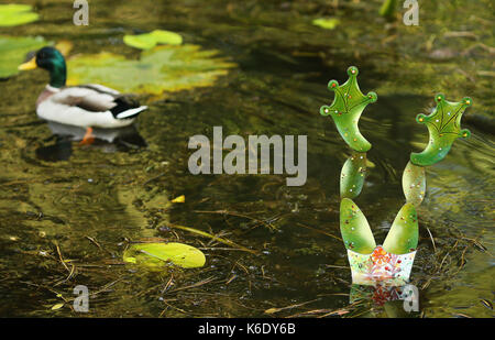 Eine Ente schwimmt durch 'Beine & Amp; Co" von Geraldine Murphy, die Teil der Skulptur im Kontext 2017, die in der Nationalen Botanischen Gärten in Dublin und läuft vom 7. September bis 20. Oktober. Stockfoto