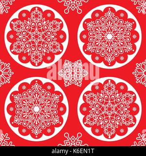 Weihnachten Vektor folk Muster - weiße Schneeflocke Mandala nahtloses Design auf Rot, skandinavischen Stil Xmas Wallpaper, Verpackung aus Papier oder Textilien Stock Vektor