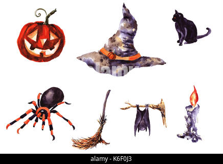 Sammlung von Hand gezeichnet Aquarell Zeichen halloween cat Hat spider Kerze Besen Kürbis Stockfoto