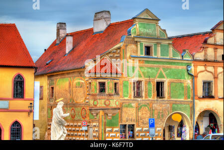 Traditionelle Häuser auf dem Hauptplatz von Telc, Tschechische Republik Stockfoto
