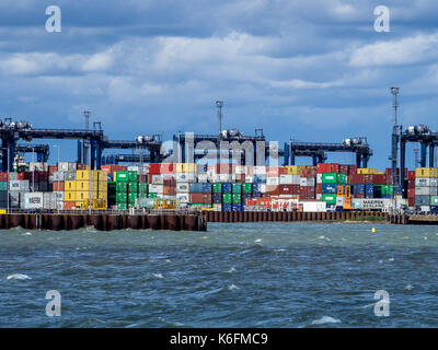 Internationaler Handel - Container geladen und Entladen auf Containerschiffe in Felixstowe, Großbritanniens größte Containerhafen für Importe und Exporte Stockfoto