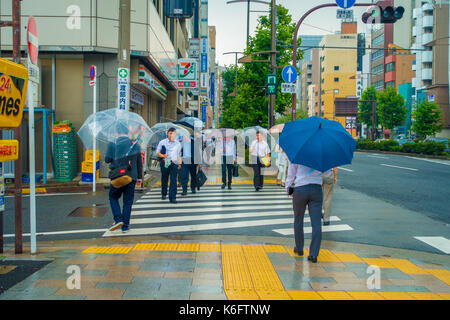 Tokio, Japan, 28. Juni - 2017: Nicht identifizierte Personen unter Sonnenschirmen auf Zebrastreifen Straße in Jimbocho Bezirk in Tokio Stockfoto