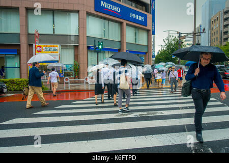 Tokio, Japan, 28. Juni - 2017: Nicht identifizierte Personen unter Sonnenschirmen auf Zebrastreifen Straße in Jimbocho Bezirk in Tokio Stockfoto