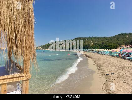 Holz- Lodge Dach mit Palmen am Meer Küste bedeckt. Stockfoto