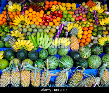 Sri Lankan Früchte (Orangen, Ananas, Bananen, Wassermelonen, Apple etc.) in einem Obststand in der Nähe von Munneswaram Tempel, chilaw gesehen werden, Sri Lanka Stockfoto