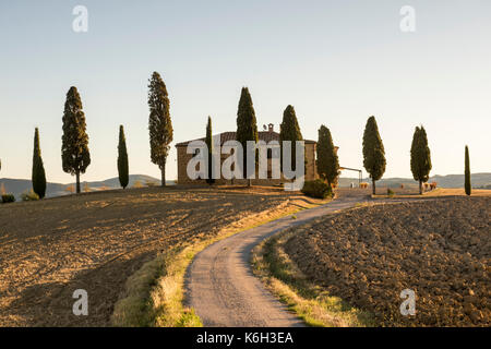 Ein Haus außerhalb von Zypressen umgeben, Pienza Val d'Orcia Toskana Italien Europa EU Stockfoto