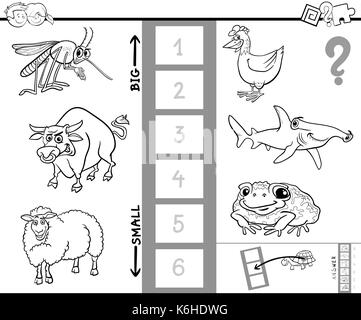 Schwarze und Weiße Cartoon Illustration der erzieherischen Tätigkeit Spiel zu finden, die größten und die kleinsten Tierarten Malbuch Stock Vektor