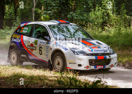 Ex-Carlos Sainz 2001 Ford Focus WRC mit Fahrer David Wright auf der Kundgebung der Bühne im Jahr 2017 Goodwwod Festival der Geschwindigkeit, Sussex, UK. Stockfoto