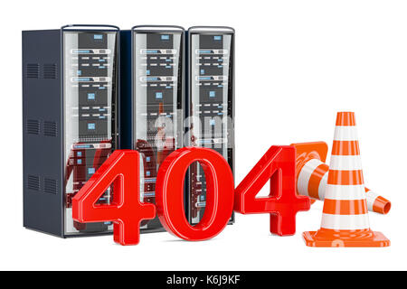 Computer Server Racks mit 404 Text, technisches Problemkonzept. 3D-Rendering Stockfoto