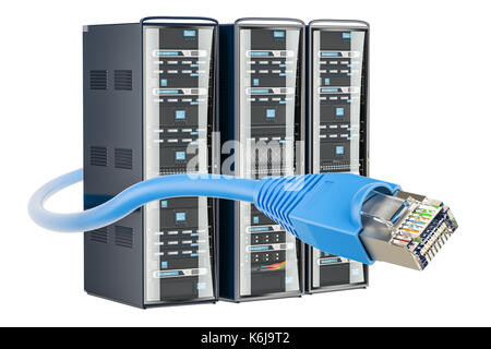 Computer Server Racks mit LAN Kabel Internet, 3D-Rendering auf weißem Hintergrund Stockfoto
