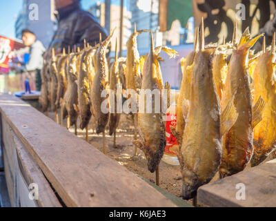 TOKYO, JAPAN - 5. AUGUST 2017: Japanisch essen, Fisch in einem Stick in Tokio Stockfoto