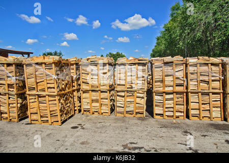 Holz im Depot, schneiden Sie die Protokoll- und zum Verkauf bereit. Stockfoto