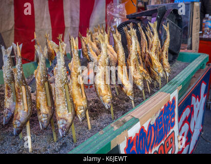 TOKYO, JAPAN - 5. AUGUST 2017: Japanisch essen, Fisch in einem Stick in Tokio Stockfoto