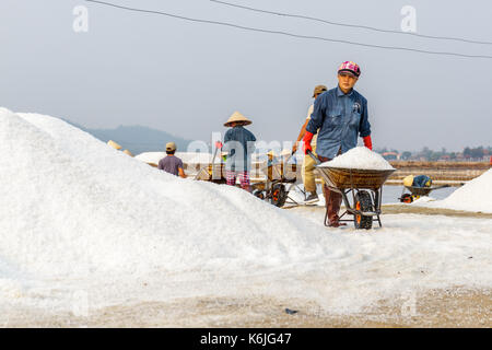 NHA TRANG, VIETNAM - 4/12/2016: Arbeitnehmer mit schubkarren an der Hon Khoi Salz Felder in Nha Trang, Vietnam drücken. Stockfoto