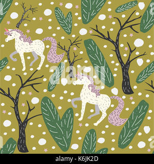 Einhorn nahtlose Muster. Grüner Hintergrund mit Fichte, Tanne und Bäume. Unicorn nahtlose Muster. Winter. Einhörner, Fichten, Tannen. Stockfoto