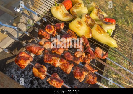 Stücke von Schweinefleisch mit Paprika zubereitet Outdoor auf glühende Kohlen Stockfoto