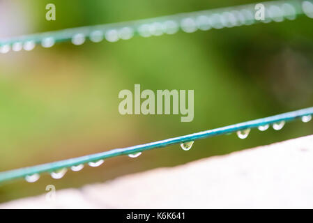 Regen fällt auf einen Draht Stockfoto