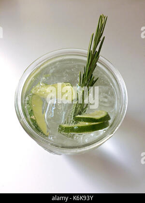 Klassischer Gin und Tonic Cocktail mit Limette, Zitrone & Rosmarin Stockfoto