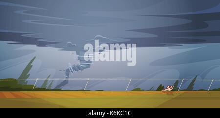 Tornado in der Landschaft Hurrikan Landschaft der Sturm Wasserhose Twister im Feld Naturkatastrophe Konzept Stock Vektor