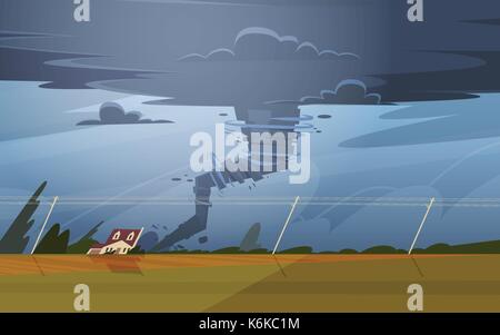 Tornado in der Landschaft Hurrikan Landschaft der Sturm Wasserhose Twister im Feld Naturkatastrophe Konzept Stock Vektor