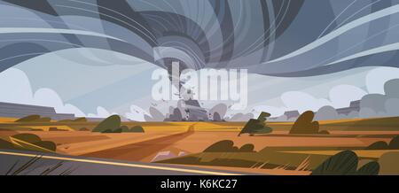 Tornado in der Landschaft Hurrikan Landschaft der Sturm Wasserhose Twister im Feld Naturkatastrophe Konzept Stock Vektor