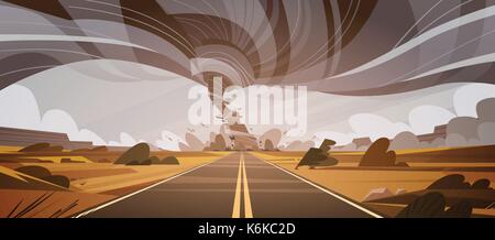 Verdrehen Tornado über Hohe Straße Hurricane Landschaft der Sturm Wasserhose im Feld Naturkatastrophe Konzept Stock Vektor