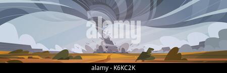 Tornado in der Landschaft Hurrikan Landschaft der Sturm Wasserhose Twister im Feld Naturkatastrophe Konzept Flachbild Vector Illustration Stock Vektor