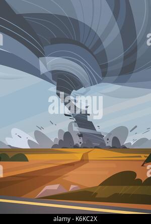 Tornado in der Landschaft Hurrikan Landschaft der Sturm Wasserhose Twister im Feld Naturkatastrophe Konzept Stock Vektor